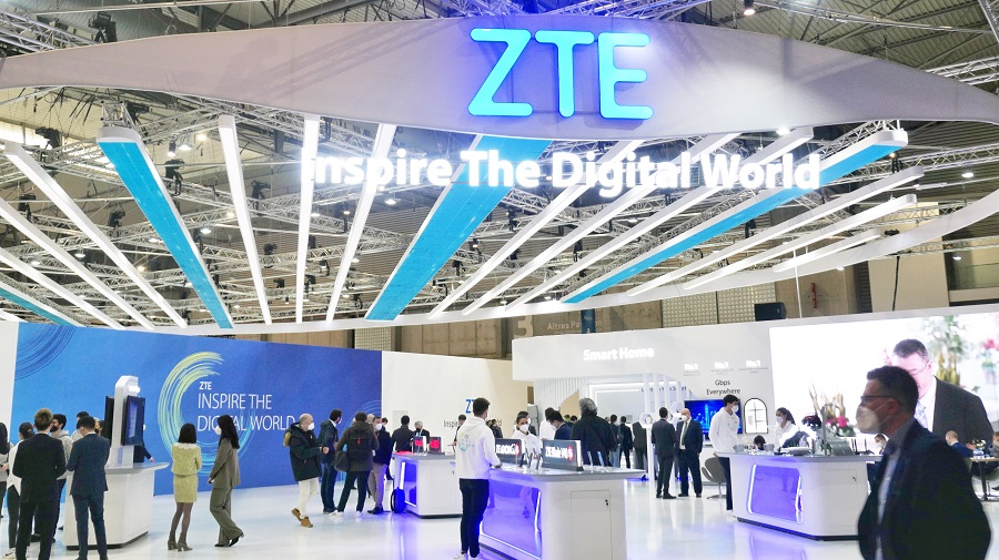 blue LED ZTE logo banner at the ZTE booth in MWC Barcelona 2022